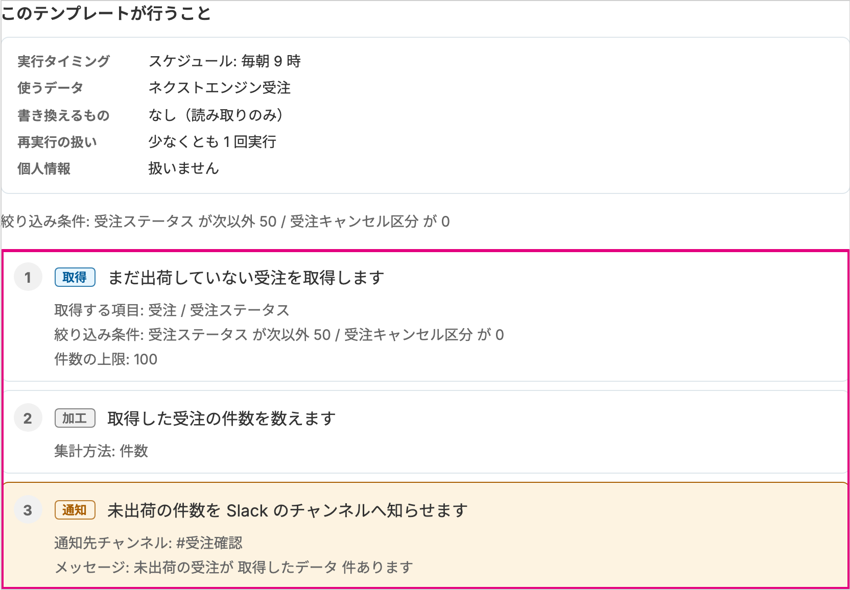 実行タイミングと処理の流れが並ぶテンプレートの詳細画面